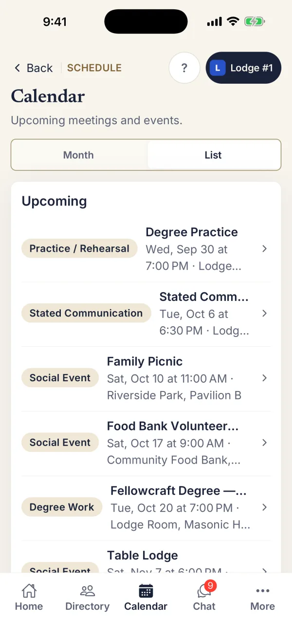 LodgeWise calendar showing upcoming stated meetings and degree nights