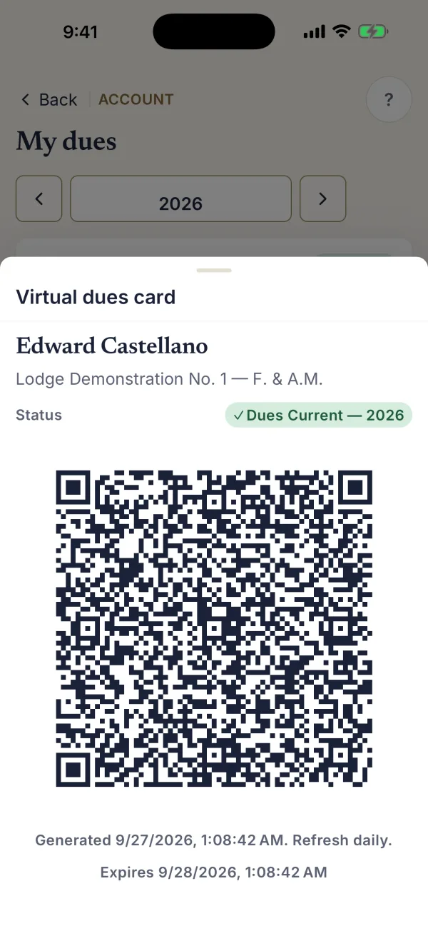 LodgeWise virtual dues card: a brother's dues marked current for 2026, with a QR code another lodge can scan to verify it